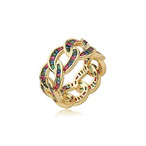 Anel cravejado de zirconia rainbow banho em ouro 18k