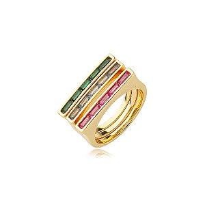 Trio de anéis cravejado de zircônia colorida banho em ouro 18k