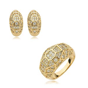 Conjunto de brinco e anel cravejado de zirconia cristal banhp em ouro 18k