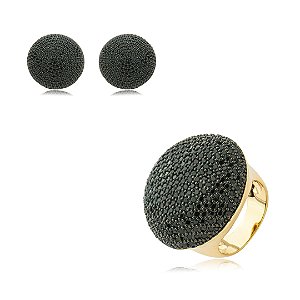 Conjunto de brinco e anel cravejado de zirconia onix banho em ouro 18k