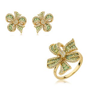 Conjunto de brinco e anel cravejado de zirconia esmeralda banho em ouro 18k