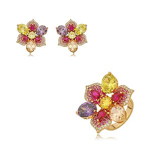 Conjunto de brinco e anel de flor cravejado de zircônia colorida banho em ouro 18k