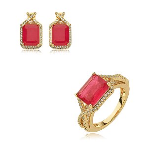 Conjunto de brinco e anel cravejado de zirconia e pedra fusion banho em ouro 18k
