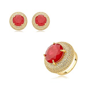 Conjunto de brinco e anel cravejado de zirconia e pedra fusion banho em ouro 18k