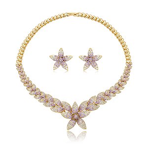 Conjunto de brinco e colar cravejado de zirconia ametista banho em ouro 18k