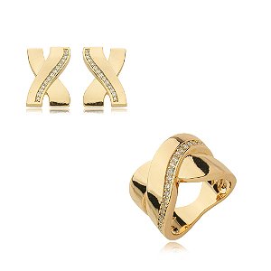 Conjunto de brinco e anel cravejado de zirconia cristal banho em ouro 18k