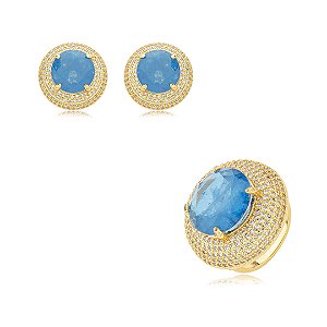 Conjunto de brinco e anel cravejado de zirconia e pedra fusion banho em ouro 18k