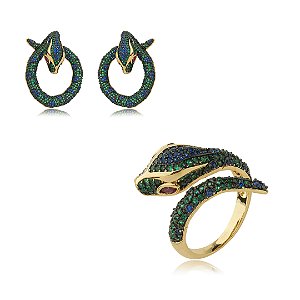 Conjunto de brinco e anel cravejado de zirconia esmeralda e safira banho em ouro 18k