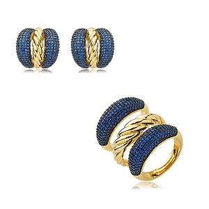 Conjunto de brinco e anel cravejado de zirconia safira banho em ouro 18k