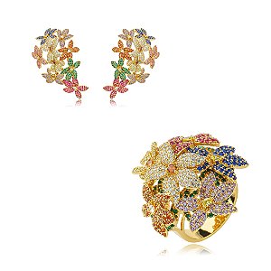 Conjunto de brinco e anel cravejado de zirconia rainbow banho em ouro 18k