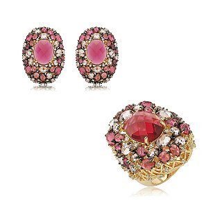 Conjunto de brinco e anel cravejado de zirconia pink banho em ouro 18k