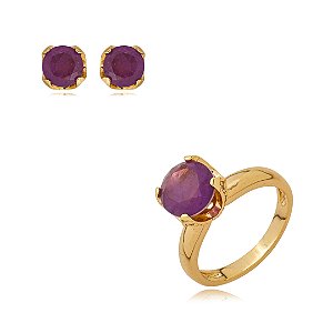 Conjunto de brinco e anel cravejado de zirconia e pedra fusion banho em ouro 18k