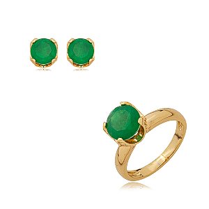 Conjunto de brinco e anel cravejado de zirconia e pedra fusion banho em ouro 18k
