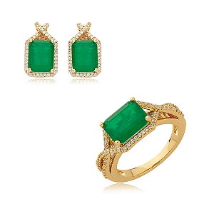 Conjunto de brinco e anel cravejado de zirconia e pedra fusion banho em ouro 18k