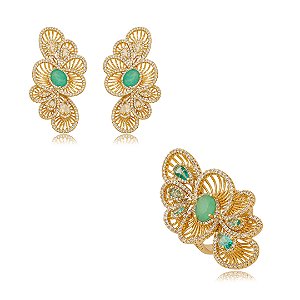 Conjunto de brinco e anel cravejado de zirconia e pedra fusion banho em ouro 18k
