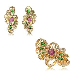 Conjunto de brinco e anel cravejado de zirconia e pedra fusion banho em ouro 18k