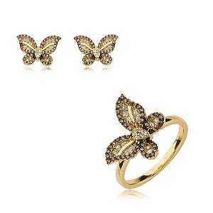 Conjunto de brinco e anel cravejado de zirconia cristal banho em ouro 18k