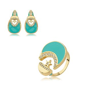 Conjunto de brinco e anel esmaltado cravejado de zirconia cristal banho em ouro 18k