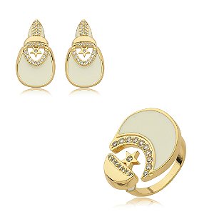 Conjunto de brinco e anel esmaltado cravejado de zirconia cristal banho em ouro 18k