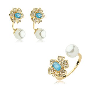 Conjunto de brinco de perola com pedra fusion banho em ouro 18k