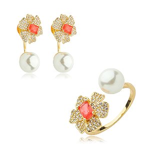 Conjunto de brinco de perola com pedra fusion banho em ouro 18k