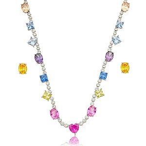 Conjunto de brinco e colar cravejado de zirconia rainbow banho em rodio branco