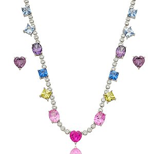 Conjunto de brinco e colar cravejado de zirconia rainbow banho em rodio branco