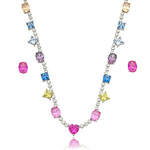 Conjunto de brinco e colar cravejado de zirconia rainbow banho em rodio branco