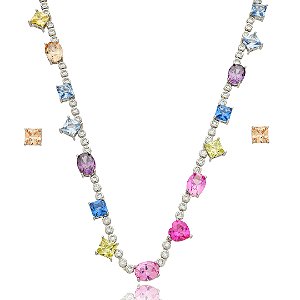 Conjunto de brinco e colar cravejado de zirconia rainbow banho em rodio branco