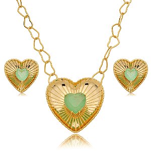 Conjunto de brinco e colar cravejado de pedra fusion turmalina banho em ouro 18k