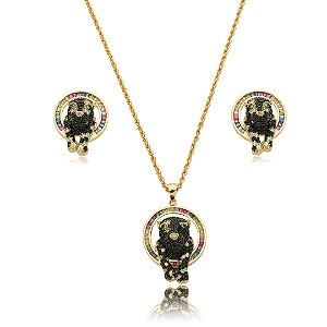 Conjunto de brinco e colar cravejado zirconia rainbow banho em ouro 18k