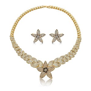 Conjunto de brinco e colar cravejado zirconia cristal banho em ouro 18k