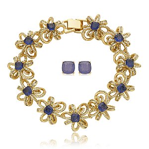 Conjunto de brinco e pulseira cravejado de zirconia e pedra fusion banho em ouro 18k