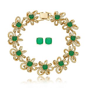 Conjunto de brinco e pulseira cravejado de zirconia e pedra fusion banho em ouro 18k