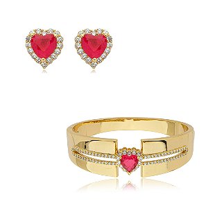 Conjunto de brinco e bracelete cravejado de zirconia e pedra fusion banho em ouro 18k