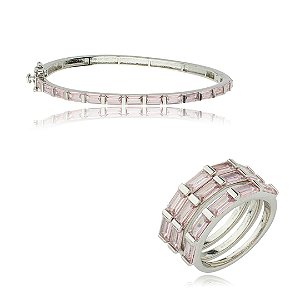 Conjunto de anel e bracelete cravejado de zirconia rosa banho em rodio branco