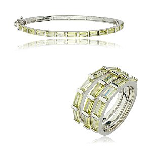 Conjunto de anel e bracelete cravejado de zirconia oliva banho em rodio branco