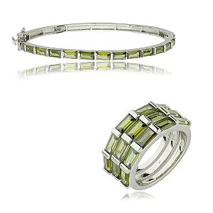Conjunto de anel e bracelete cravejado de zirconia oliva banho em rodio branco