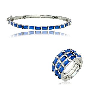 Conjunto de anel e bracelete cravejado de zirconia safira banho em rodio branco