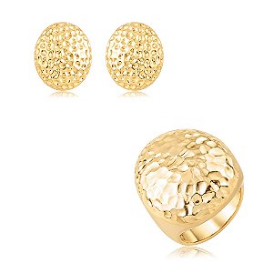 Conjunto de brinco e anel martelado liso banho em ouro 18k