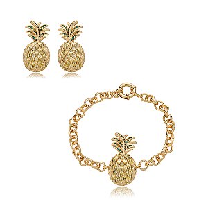 Conjunto de brinco e pulseira cravejado banho em ouro 18k