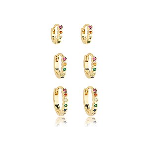 Brinco de trio argola cravejado de zirconia rainbow banho em ouro 18k