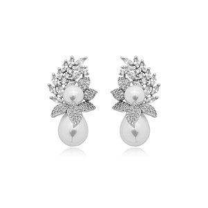 Brinco de perola cravejado de zirconia cristal banho em rodio branco