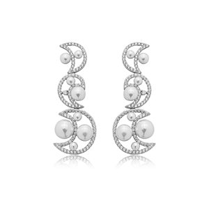 Brinco de perola cravejado de zirconia cristal banho em rodio branco