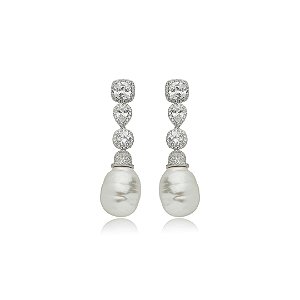 Brinco de perola cravejado de zirconia cristal banho em rodio branco