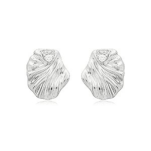 Brinco escovado orgânico cravejado de zirconia cristal banho em rodio branco