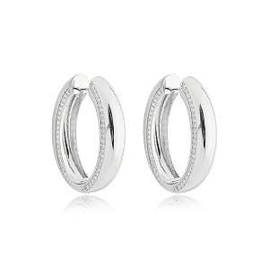 Brinco de argola cravejado de zirconia cristal banho em rodio branco