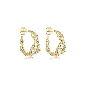 Brinco de argola orgânico cravejado de zirconia cristal banho em ouro 18k