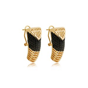 Brinco de argola cravejado de zirconia onix banho em ouro 18k