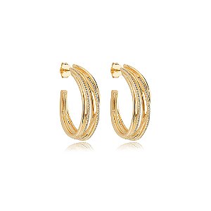 Brinco de argola cravejado de zirconia cristal banho em ouro 18k
